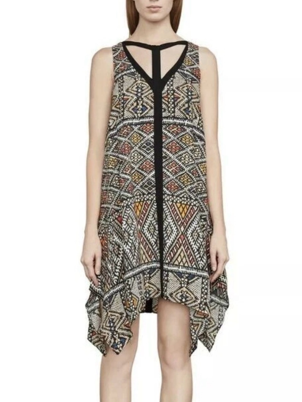 BCBG Multicolor Geometric Asymmetrical Handkerchief Dress with Black Trim